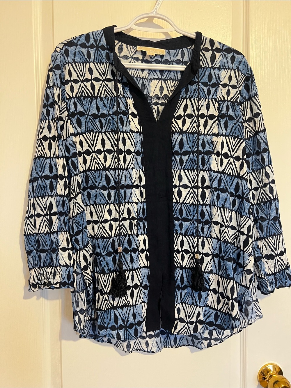 Michael Kors Blue Black White Patterned V-Neck Blouse